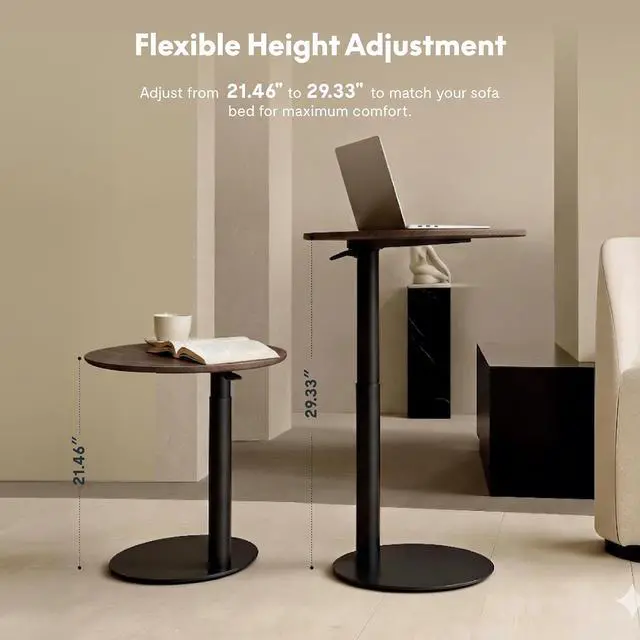 Alt view image 2 of 7 - Adjustable Side Table, Round End Table for Couch & Bed, Stable & Space-Saving Bed Side Table with Effortless One-Hand Height Adjustment, Low-Profile Steel Base, Perfect for Small Spaces