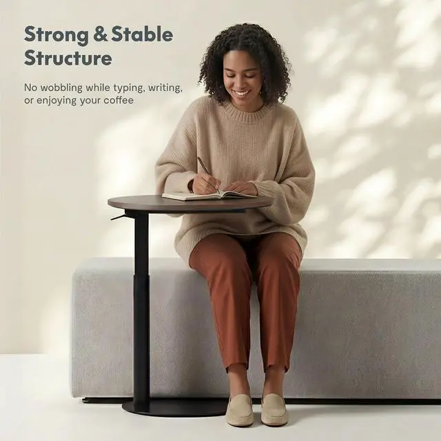 Alt view image 5 of 7 - Adjustable Side Table, Round End Table for Couch & Bed, Stable & Space-Saving Bed Side Table with Effortless One-Hand Height Adjustment, Low-Profile Steel Base, Perfect for Small Spaces