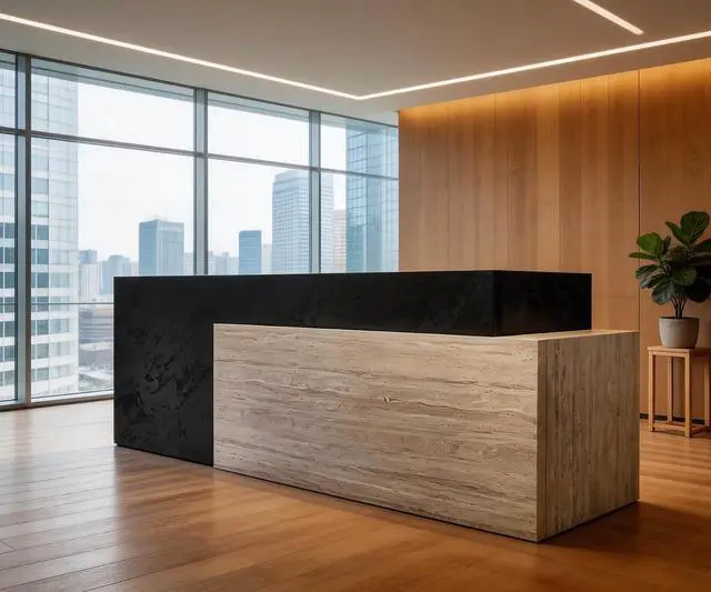 Main image of Long Reception Desk Modern Commercial Front Counter with Scratch-Resistant Laminate, Black and White Finish for Offices, Hotels, Medical Spas, and Retail Stores (Left, 94.5 in)