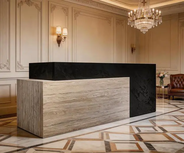 Main image of Long Reception Desk Modern Commercial Front Counter with Scratch-Resistant Laminate, Black and White Finish for Offices, Hotels, Medical Spas, and Retail Stores (Right, 87 in)