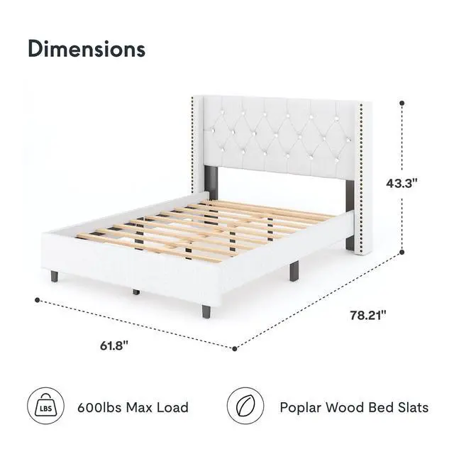 Alt view image 2 of 7 - Full Size Bed Frame, Upholstered in Natural Linen, Platform Bed with Wingback Headboard, Luxury Diamond Tufting, Heavy-Duty Wooden Slats, No Squeaking, No Box Spring Needed, White