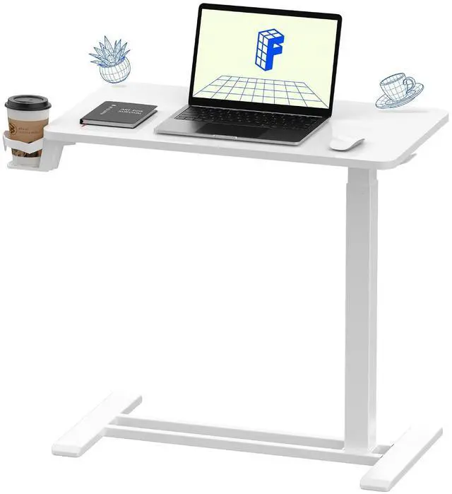 Main image of H7 Adjustable Overbed Bedside Table with Wheels Pneumatic Mobile Standing Desk Laptop Desk Rolling Computer Cart Movable Overbed Table Hospital Home Use(27.6" W x 15.7" D, White)