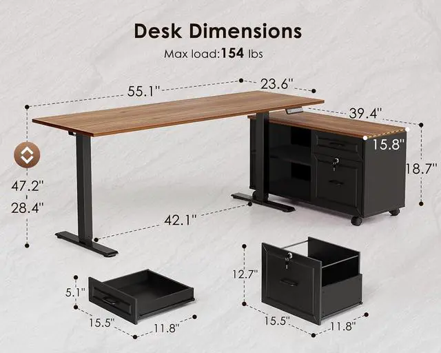 Alt view image 3 of 7 - 55 Inch L Shaped Electric Standing Desk with Drawers & File Cabinet Sets, Executive Sit Stand Desk, Height Adjustable Computer Desk for Home Office, Writing, Workstation, Walnut+Black