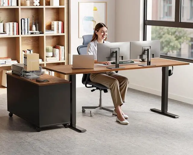 Alt view image 2 of 7 - 55 Inch L Shaped Electric Standing Desk with Drawers & File Cabinet Sets, Executive Sit Stand Desk, Height Adjustable Computer Desk for Home Office, Writing, Workstation, Walnut+Black