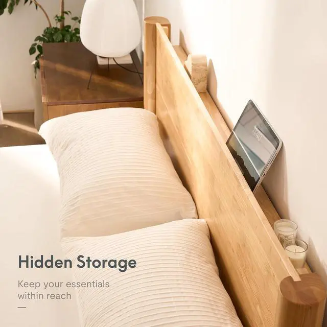 Alt view image 6 of 7 - Hako G2 Japanese Joinery Bed Frame, Solid Rubberwood King Platform Bed with Storage Headboard, IAS&SGS Certified, Japandi Minimalist, No Tools Assembly, 1500lb Capacity, 10-Year Warranty