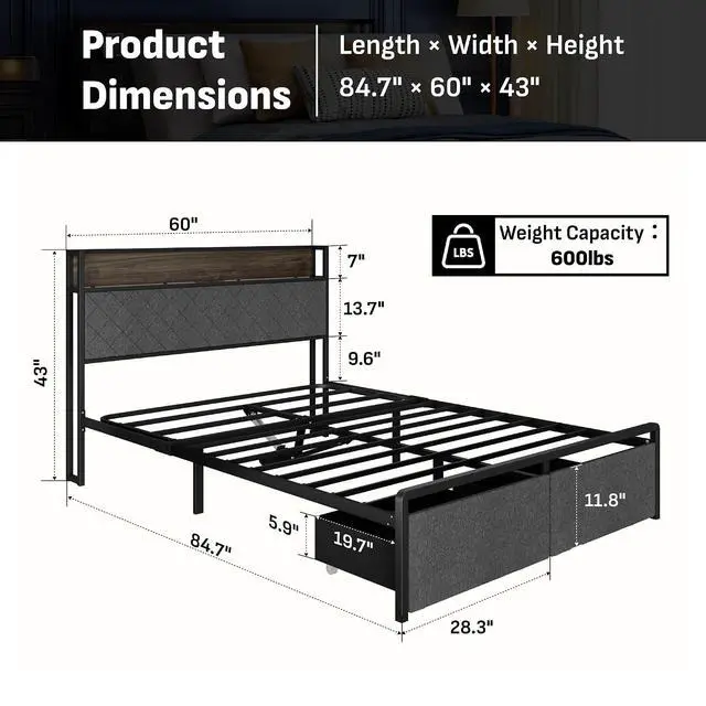 Alt view image 2 of 7 - Queen Adjustable Bed Frame with Storage Headboard and Charging Station, Power Head Lift with 2 Footboard Drawers, Upholstered Metal Frame, No Box Spring Needed