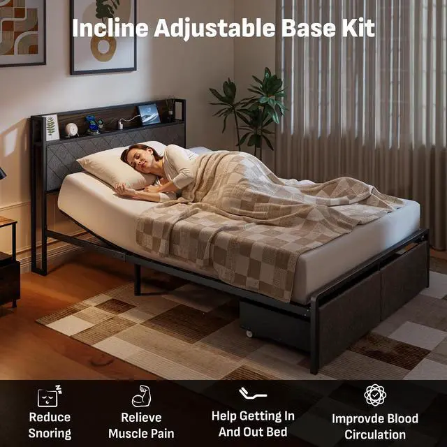 Alt view image 3 of 7 - Queen Adjustable Bed Frame with Storage Headboard and Charging Station, Power Head Lift with 2 Footboard Drawers, Upholstered Metal Frame, No Box Spring Needed