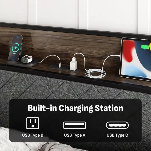 Alt view image 4 of 7 - Queen Adjustable Bed Frame with Storage Headboard and Charging Station, Power Head Lift with 2 Footboard Drawers, Upholstered Metal Frame, No Box Spring Needed