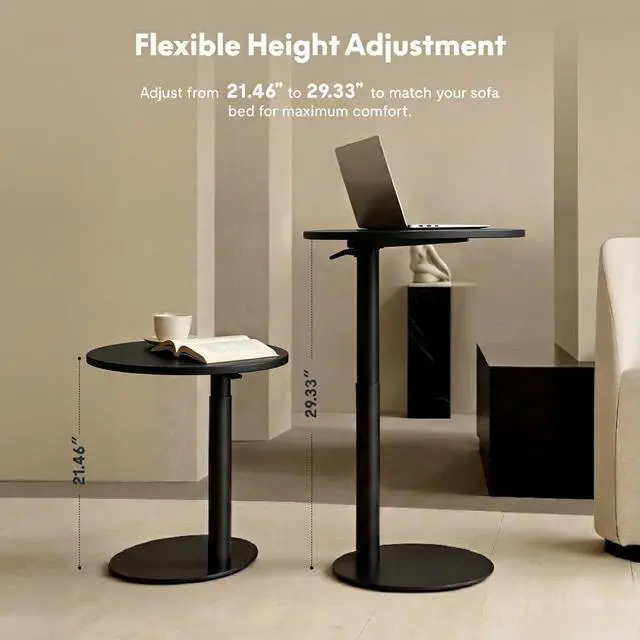 Alt view image 2 of 7 - Adjustable Side Table, Round End Table for Couch & Bed, Stable & Space-Saving Bed Side Table with Effortless One-Hand Height Adjustment, Low-Profile Steel Base, Perfect for Small Spaces