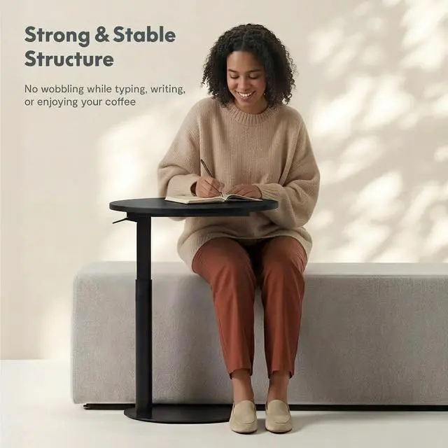Alt view image 4 of 7 - Adjustable Side Table, Round End Table for Couch & Bed, Stable & Space-Saving Bed Side Table with Effortless One-Hand Height Adjustment, Low-Profile Steel Base, Perfect for Small Spaces