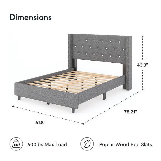 Alt view image 2 of 7 - Full Size Bed Frame, Upholstered in Natural Linen, Platform Bed with Wingback Headboard, Luxury Diamond Tufting, Heavy-Duty Wooden Slats, No Squeaking, No Box Spring Needed, Grey