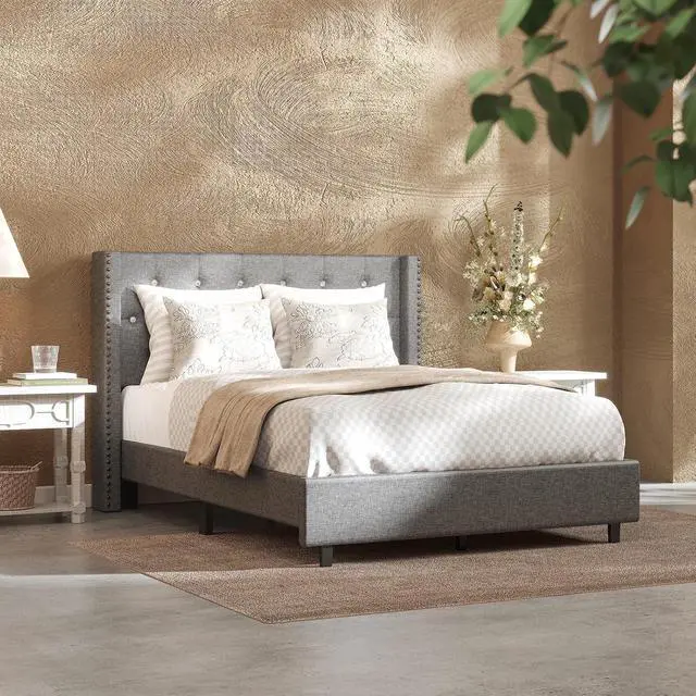 Main image of Full Size Bed Frame, Upholstered in Natural Linen, Platform Bed with Wingback Headboard, Luxury Diamond Tufting, Heavy-Duty Wooden Slats, No Squeaking, No Box Spring Needed, Grey