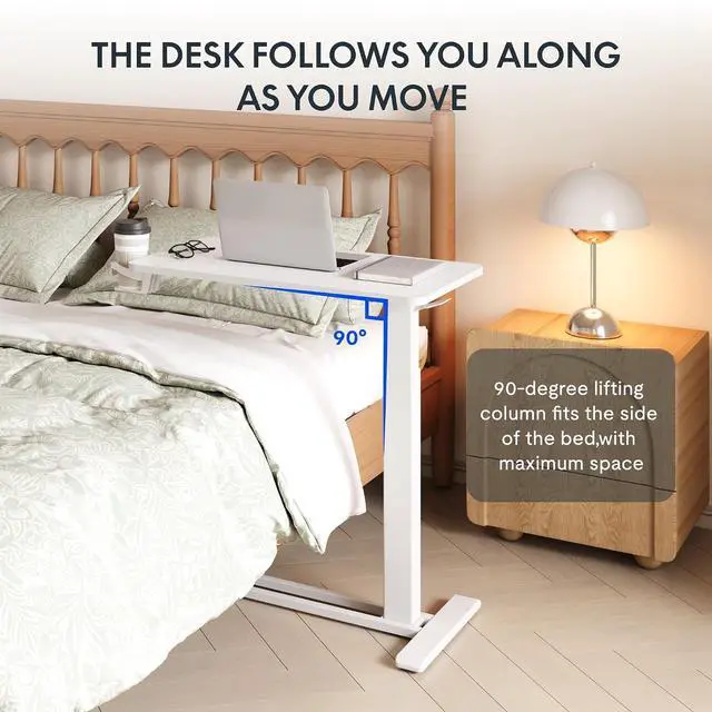 Alt view image 7 of 7 - H7 Adjustable Overbed Bedside Table with Wheels Pneumatic Mobile Standing Desk Laptop Desk Rolling Computer Cart Movable Overbed Table Hospital Home Use(27.6" W x 15.7" D, White)