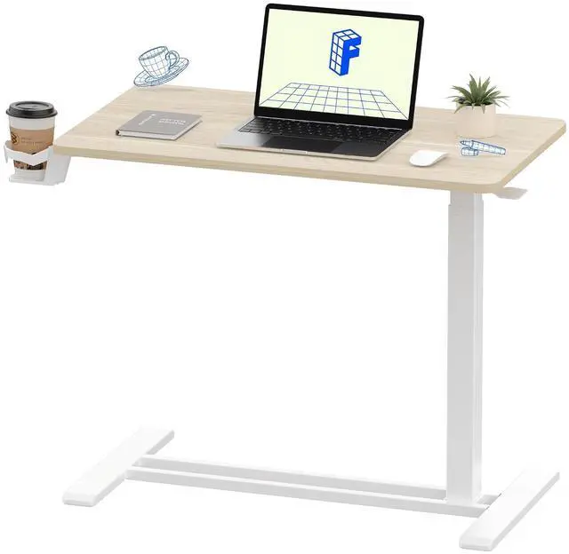 Main image of H7 Adjustable Overbed Bedside Table with Wheels Pneumatic Mobile Standing Desk Laptop Desk Rolling Computer Cart Movable Overbed Table Hospital Home Use(31.5" W x 17.7" D, White Wood Grain)