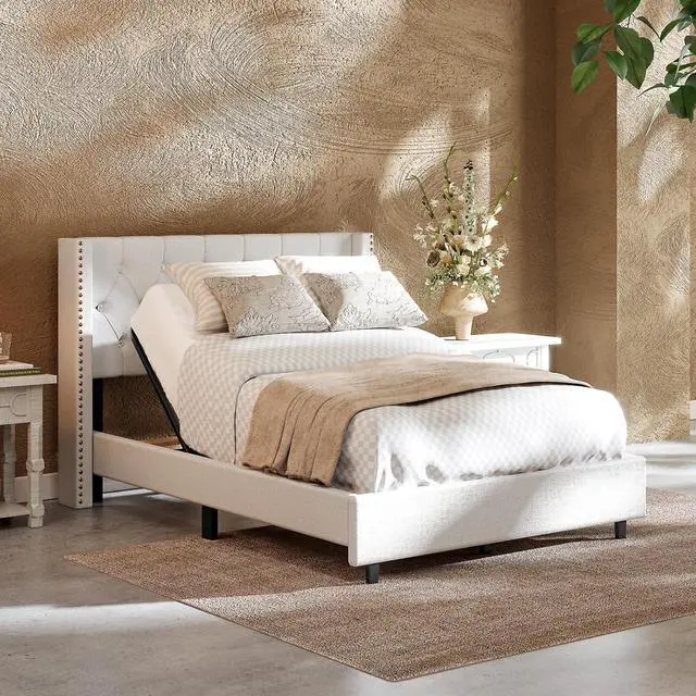 Main image of Full Size Upholstered Adjustable Bed Wingback Tufted Headboard, Head Incline, Sturdy Wooden Slats, 700 lbs Capacity, No Box Spring Needed, Easy Assembly, White