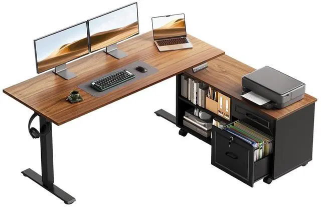 Main image of 48 Inch L Shaped Electric Standing Desk with Drawers & File Cabinet Sets, Executive Sit Stand Desk, Height Adjustable Computer Desk for Home Office, Writing, Workstation, Walnut+Black