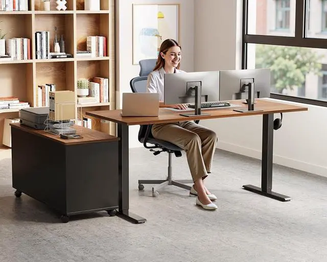 Alt view image 2 of 7 - 48 Inch L Shaped Electric Standing Desk with Drawers & File Cabinet Sets, Executive Sit Stand Desk, Height Adjustable Computer Desk for Home Office, Writing, Workstation, Walnut+Black