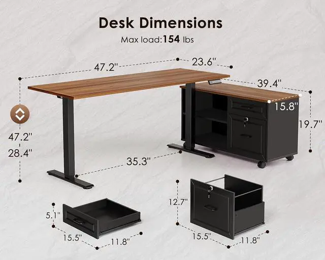 Alt view image 3 of 7 - 48 Inch L Shaped Electric Standing Desk with Drawers & File Cabinet Sets, Executive Sit Stand Desk, Height Adjustable Computer Desk for Home Office, Writing, Workstation, Walnut+Black