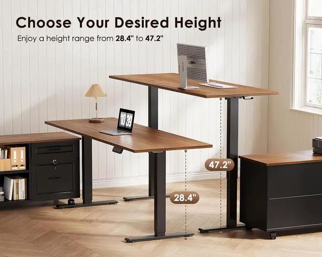 Alt view image 6 of 7 - 55 Inch L Shaped Electric Standing Desk with Drawers & File Cabinet Sets, Executive Sit Stand Desk, Height Adjustable Computer Desk for Home Office, Writing, Workstation, Walnut+Black