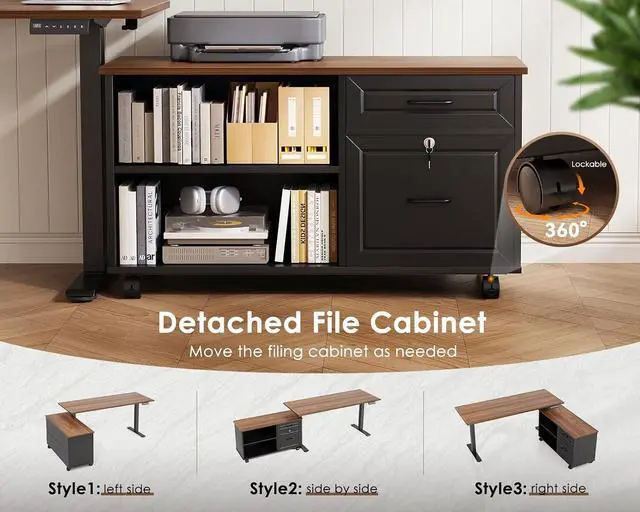Alt view image 5 of 7 - 55 Inch L Shaped Electric Standing Desk with Drawers & File Cabinet Sets, Executive Sit Stand Desk, Height Adjustable Computer Desk for Home Office, Writing, Workstation, Walnut+Black
