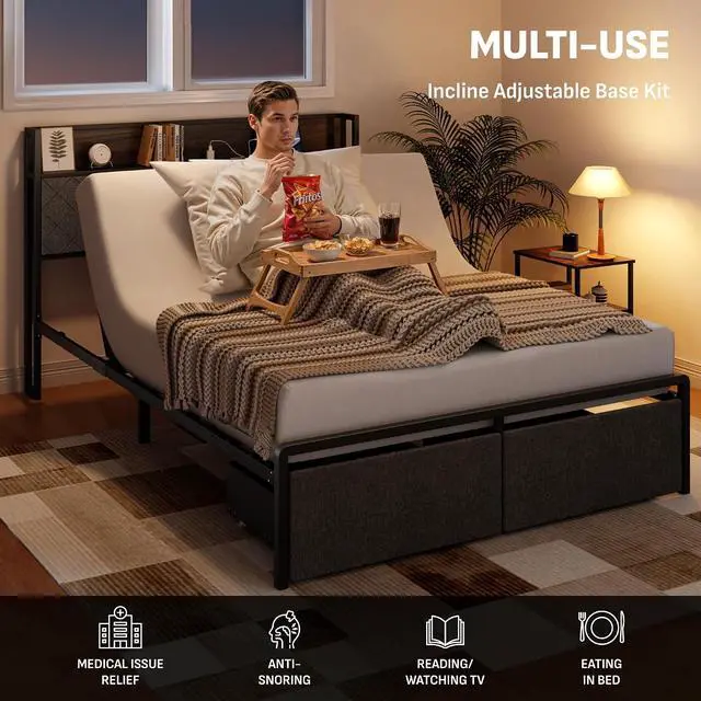 Alt view image 6 of 7 - Queen Adjustable Bed Frame with Storage Headboard and Charging Station, Power Head Lift with 2 Footboard Drawers, Upholstered Metal Frame, No Box Spring Needed