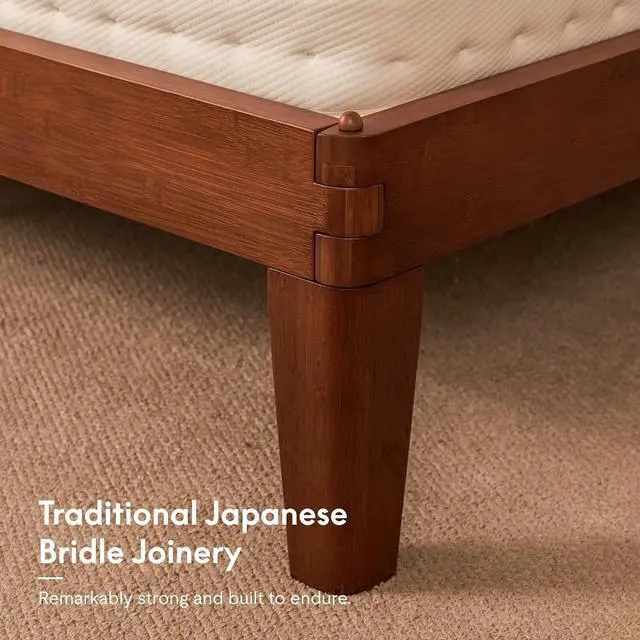 Alt view image 3 of 7 - Hako G4 Bamboo Bed Frame with Japanese Joinery, Queen Size Bed Frame with Storage Headboard, Charging Station, SGS Certified Japanese Bed Frame, 1300lb Capacity, Walnut