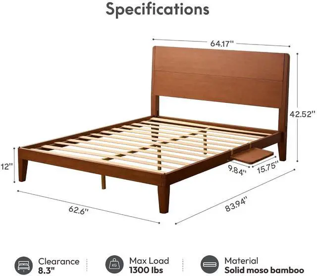 Alt view image 2 of 7 - Hako G4 Bamboo Bed Frame with Japanese Joinery, Queen Size Bed Frame with Storage Headboard, Charging Station, SGS Certified Japanese Bed Frame, 1300lb Capacity, Walnut