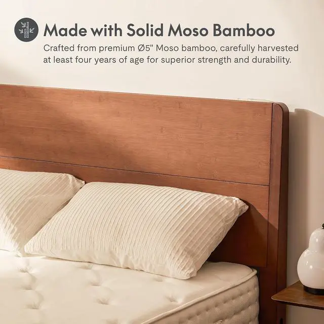 Alt view image 6 of 7 - Hako G4 Bamboo Bed Frame with Japanese Joinery, Queen Size Bed Frame with Storage Headboard, Charging Station, SGS Certified Japanese Bed Frame, 1300lb Capacity, Walnut