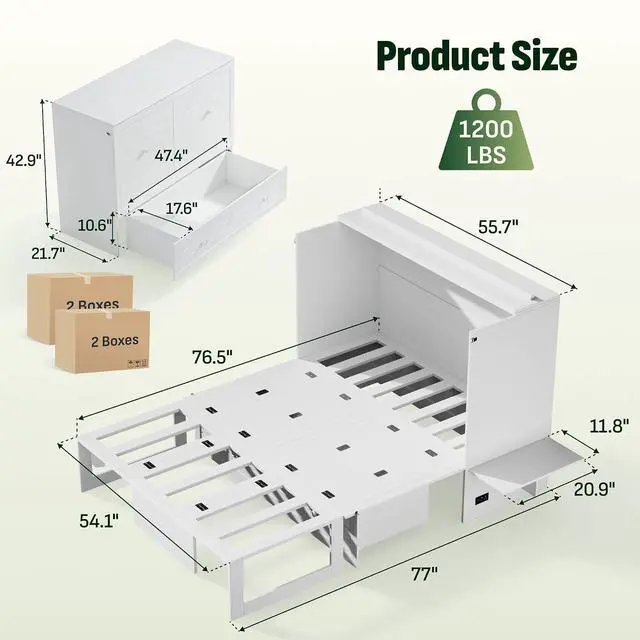 Alt view image 2 of 7 - Murphy Bed Full with Drawer, 1200Lb Support, Fold-Down Side Table & Charging Station, Mattress Storage Space, No Box Spring Needed, Space Saving Murphy Bed Cabinet for Guest Room & Home Office