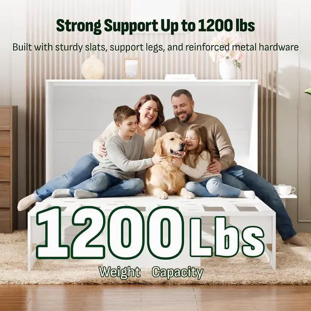 Alt view image 3 of 7 - Murphy Bed Full with Drawer, 1200Lb Support, Fold-Down Side Table & Charging Station, Mattress Storage Space, No Box Spring Needed, Space Saving Murphy Bed Cabinet for Guest Room & Home Office