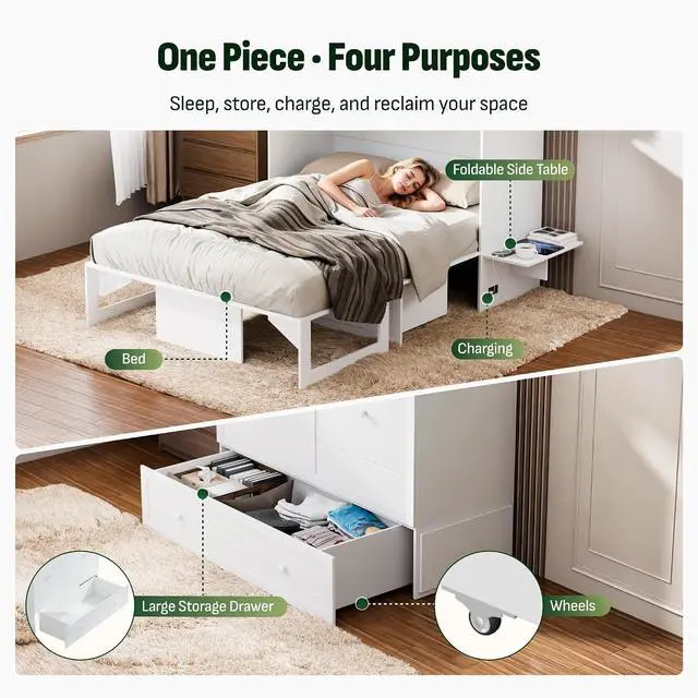 Alt view image 6 of 7 - Murphy Bed Full with Drawer, 1200Lb Support, Fold-Down Side Table & Charging Station, Mattress Storage Space, No Box Spring Needed, Space Saving Murphy Bed Cabinet for Guest Room & Home Office