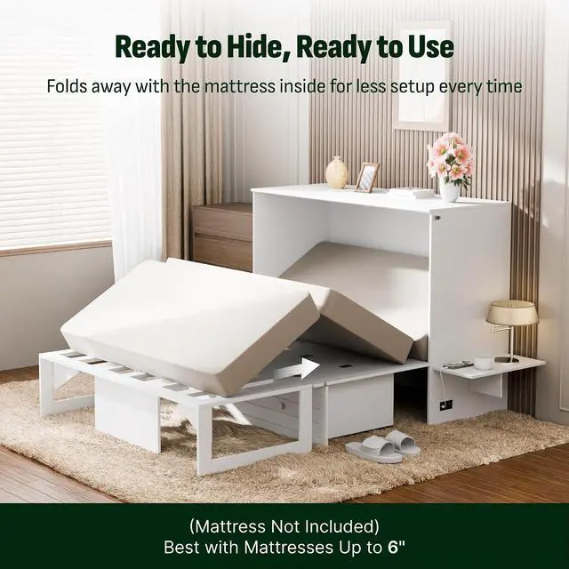 Alt view image 7 of 7 - Murphy Bed Full with Drawer, 1200Lb Support, Fold-Down Side Table & Charging Station, Mattress Storage Space, No Box Spring Needed, Space Saving Murphy Bed Cabinet for Guest Room & Home Office