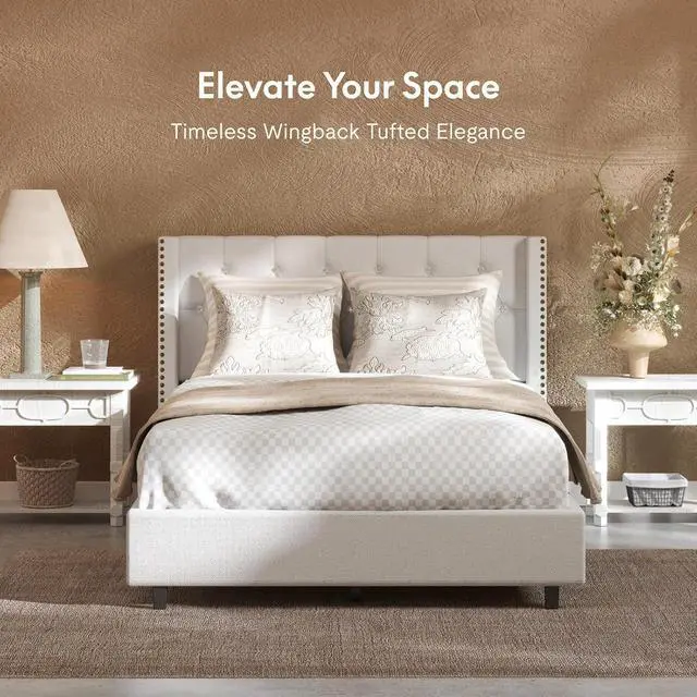 Alt view image 3 of 7 - Full Size Bed Frame, Upholstered in Natural Linen, Platform Bed with Wingback Headboard, Luxury Diamond Tufting, Heavy-Duty Wooden Slats, No Squeaking, No Box Spring Needed, White