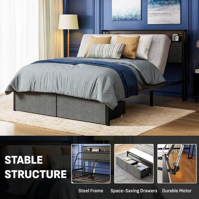 Alt view image 7 of 7 - Queen Adjustable Bed Frame with Storage Headboard and Charging Station, Power Head Lift with 2 Footboard Drawers, Upholstered Metal Frame, No Box Spring Needed