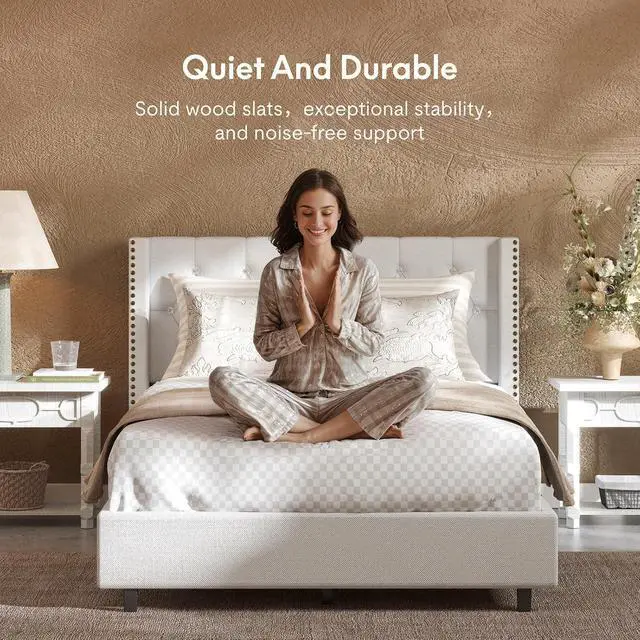 Alt view image 4 of 7 - Full Size Bed Frame, Upholstered in Natural Linen, Platform Bed with Wingback Headboard, Luxury Diamond Tufting, Heavy-Duty Wooden Slats, No Squeaking, No Box Spring Needed, White