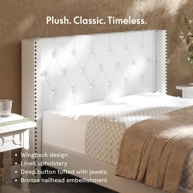 Alt view image 5 of 7 - Full Size Bed Frame, Upholstered in Natural Linen, Platform Bed with Wingback Headboard, Luxury Diamond Tufting, Heavy-Duty Wooden Slats, No Squeaking, No Box Spring Needed, White