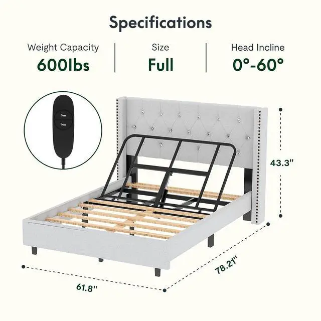 Alt view image 2 of 7 - Full Size Upholstered Adjustable Bed Wingback Tufted Headboard, Head Incline, Sturdy Wooden Slats, 700 lbs Capacity, No Box Spring Needed, Easy Assembly, White
