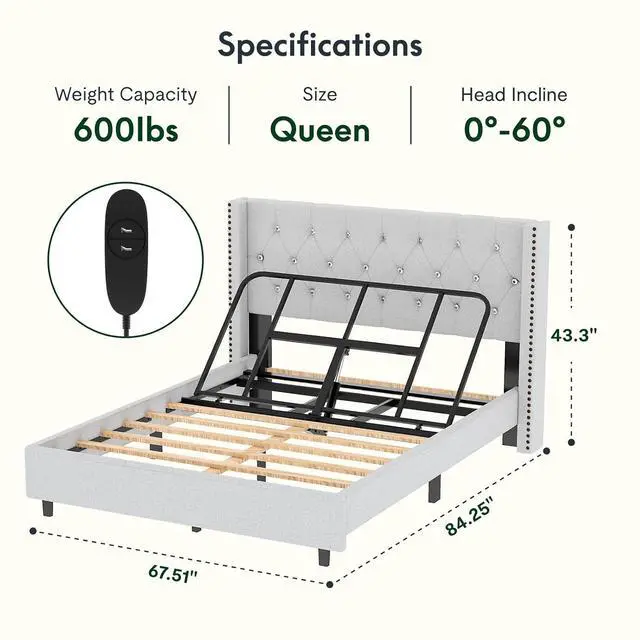 Alt view image 2 of 7 - Queen Size Upholstered Adjustable Bed Wingback Tufted Headboard, Head Incline, Sturdy Wooden Slats, 700 lbs Capacity, No Box Spring Needed, Easy Assembly, White
