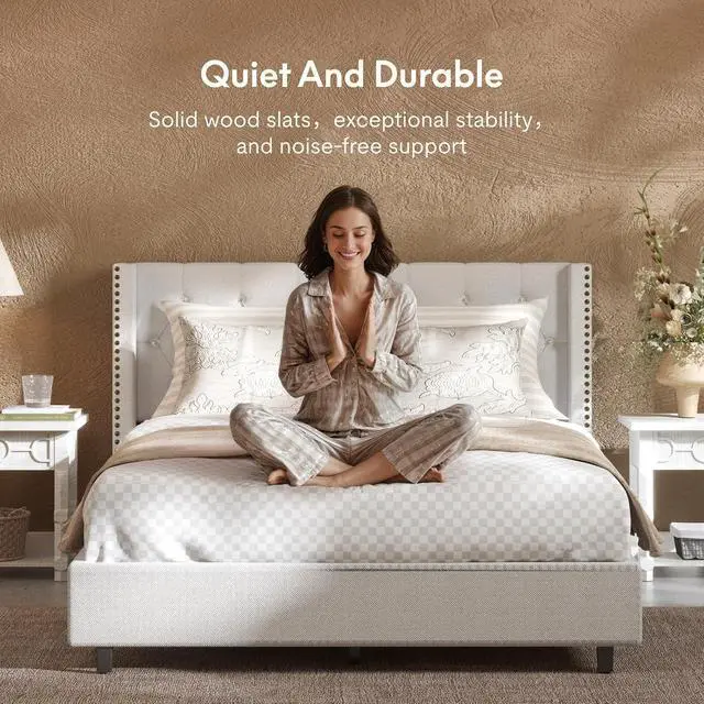 Alt view image 4 of 7 - Queen Size Upholstered Adjustable Bed Wingback Tufted Headboard, Head Incline, Sturdy Wooden Slats, 700 lbs Capacity, No Box Spring Needed, Easy Assembly, White