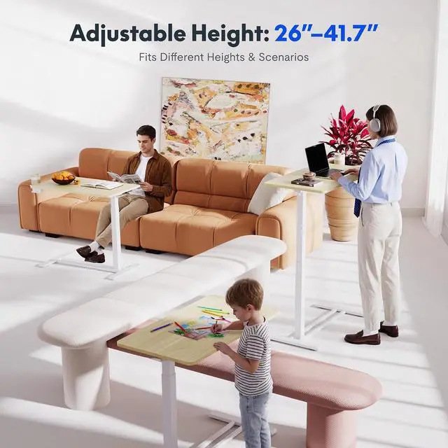 Alt view image 3 of 7 - H7 Adjustable Overbed Bedside Table with Wheels Pneumatic Mobile Standing Desk Laptop Desk Rolling Computer Cart Movable Overbed Tables Hospital Home Use(27.6" W x 15.7" D, White Wood Grain)