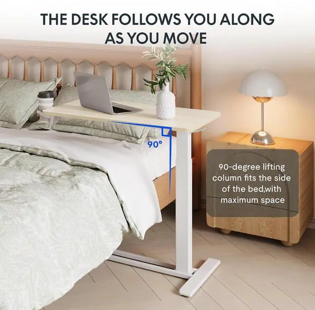 Alt view image 7 of 7 - H7 Adjustable Overbed Bedside Table with Wheels Pneumatic Mobile Standing Desk Laptop Desk Rolling Computer Cart Movable Overbed Tables Hospital Home Use(27.6" W x 15.7" D, White Wood Grain)