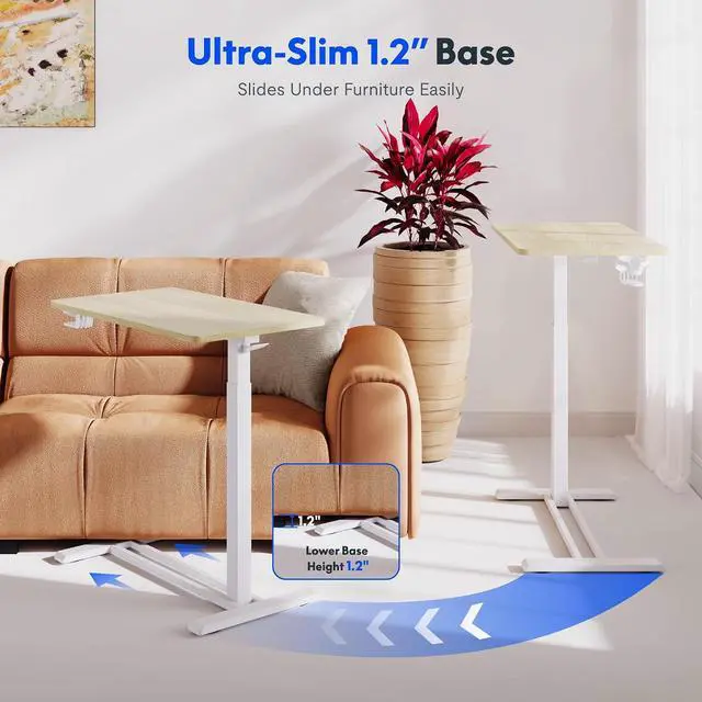 Alt view image 6 of 7 - H7 Adjustable Overbed Bedside Table with Wheels Pneumatic Mobile Standing Desk Laptop Desk Rolling Computer Cart Movable Overbed Tables Hospital Home Use(27.6" W x 15.7" D, White Wood Grain)