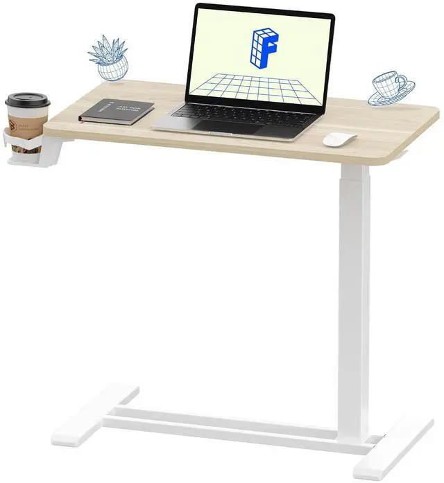 Main image of H7 Adjustable Overbed Bedside Table with Wheels Pneumatic Mobile Standing Desk Laptop Desk Rolling Computer Cart Movable Overbed Tables Hospital Home Use(27.6" W x 15.7" D, White Wood Grain)