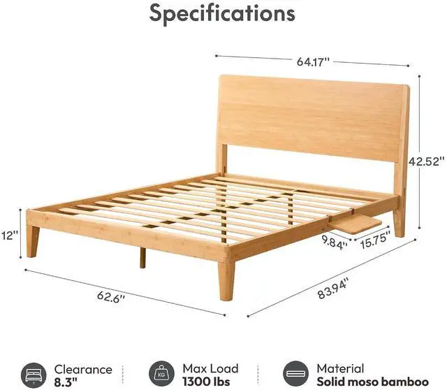Alt view image 2 of 7 - Hako G4 Bamboo Bed Frame with Japanese Joinery, Queen Size Bed Frame with Storage Headboard, Charging Station, SGS Certified Japanese Bed Frame, 1300lb Capacity, Oak