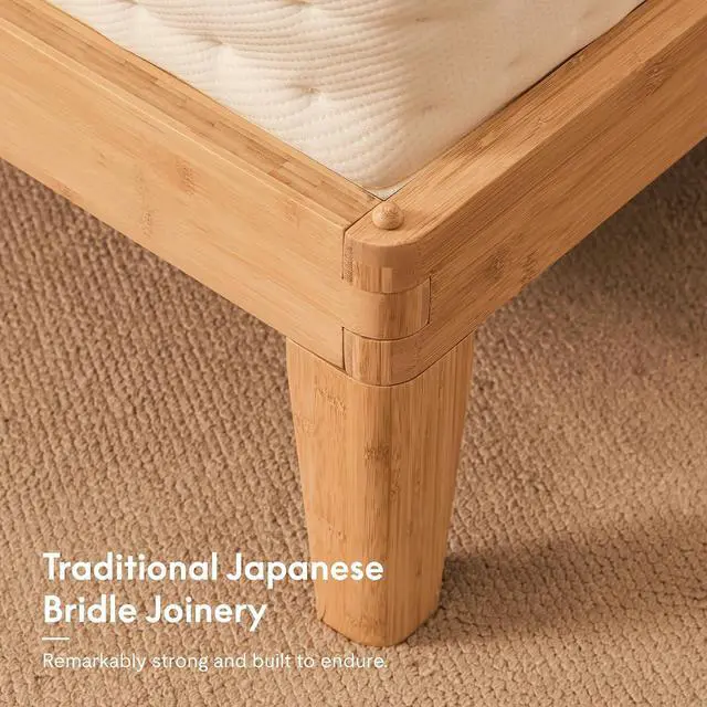 Alt view image 3 of 7 - Hako G4 Bamboo Bed Frame with Japanese Joinery, Queen Size Bed Frame with Storage Headboard, Charging Station, SGS Certified Japanese Bed Frame, 1300lb Capacity, Oak
