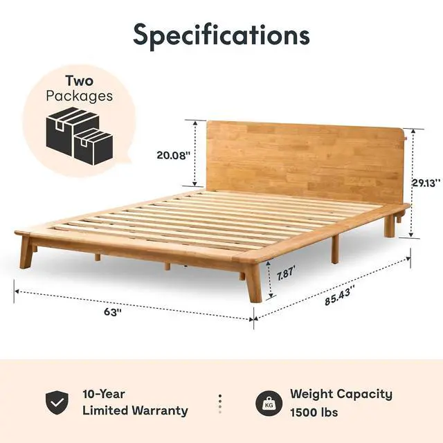 Alt view image 2 of 7 - Hako G1 Solid Wood Platform Bed Frame Queen,Rubberwood,Tool-Free Assembly,Low Profile Floating,Storage Shelf&Charging Station,Modern Scandinavian Japanese Minimalist,Heavy Duty,Natural Oak
