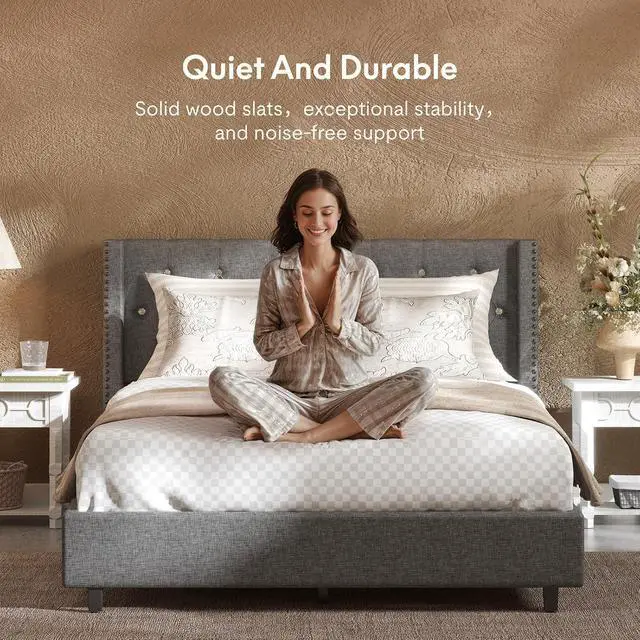 Alt view image 4 of 7 - Queen Size Bed Frame, Upholstered in Natural Linen, Platform Bed with Wingback Headboard, Luxury Diamond Tufting, Heavy-Duty Wooden Slats, No Squeaking, No Box Spring Needed, Grey