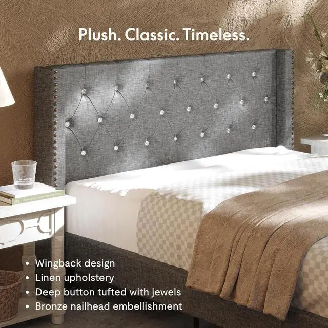 Alt view image 5 of 7 - Queen Size Bed Frame, Upholstered in Natural Linen, Platform Bed with Wingback Headboard, Luxury Diamond Tufting, Heavy-Duty Wooden Slats, No Squeaking, No Box Spring Needed, Grey
