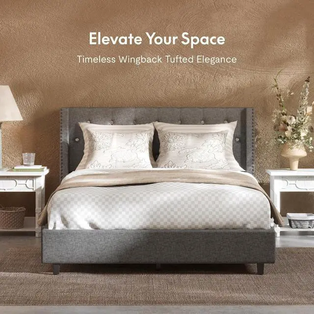 Alt view image 3 of 7 - Queen Size Bed Frame, Upholstered in Natural Linen, Platform Bed with Wingback Headboard, Luxury Diamond Tufting, Heavy-Duty Wooden Slats, No Squeaking, No Box Spring Needed, Grey