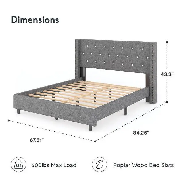 Alt view image 2 of 7 - Queen Size Bed Frame, Upholstered in Natural Linen, Platform Bed with Wingback Headboard, Luxury Diamond Tufting, Heavy-Duty Wooden Slats, No Squeaking, No Box Spring Needed, Grey